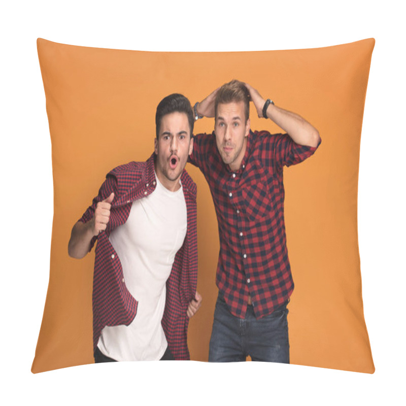 Personality  Best Friends Having Fun At Studio. Two Men Making Funny Face, Posing On Orange Studio Background. Pillow Covers