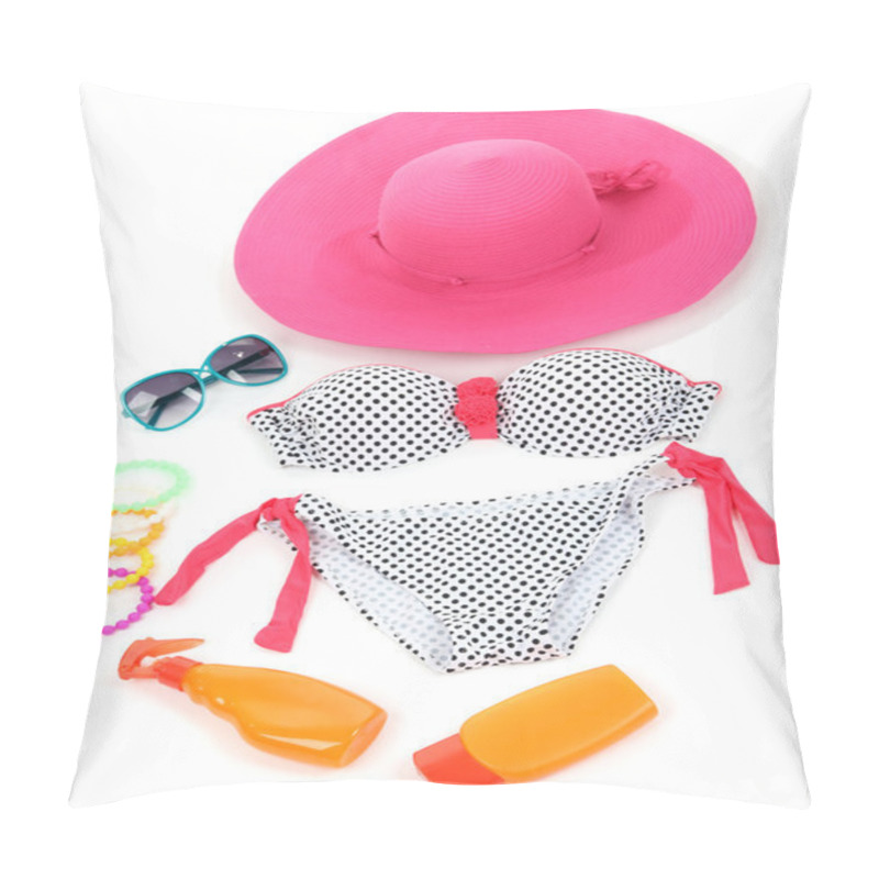 Personality  Swimsuit And Beach Items Isolated On White Pillow Covers