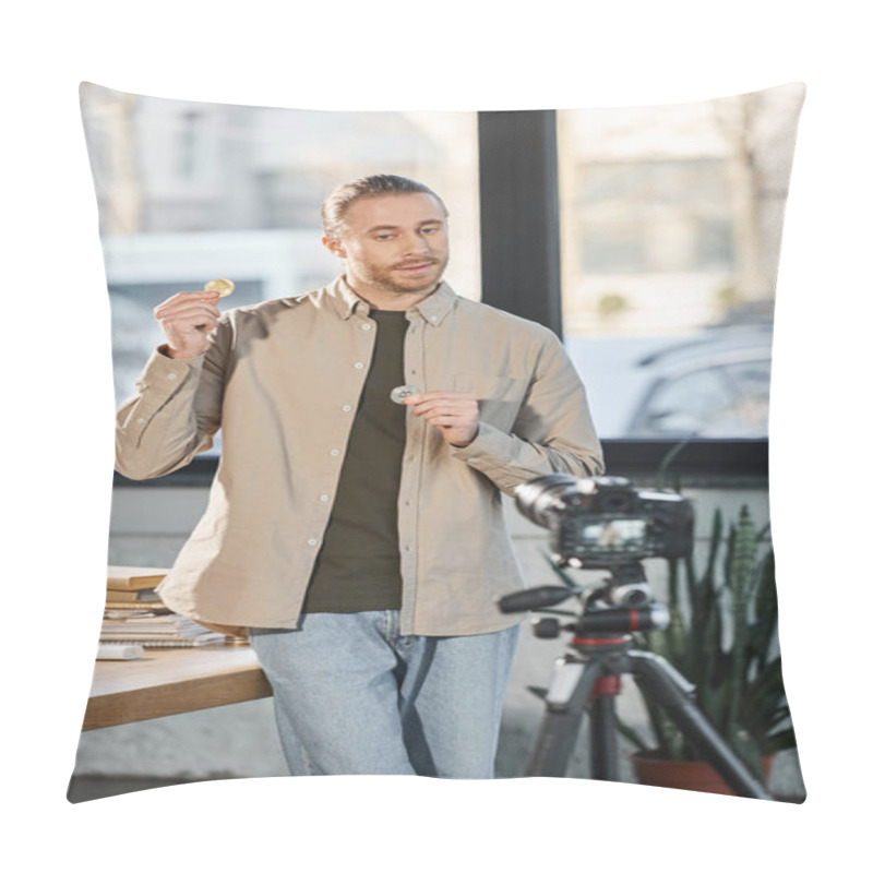 Personality  Creative Businessman Showing Bitcoins Near Digital Camera During Video Blog In Modern Office Pillow Covers