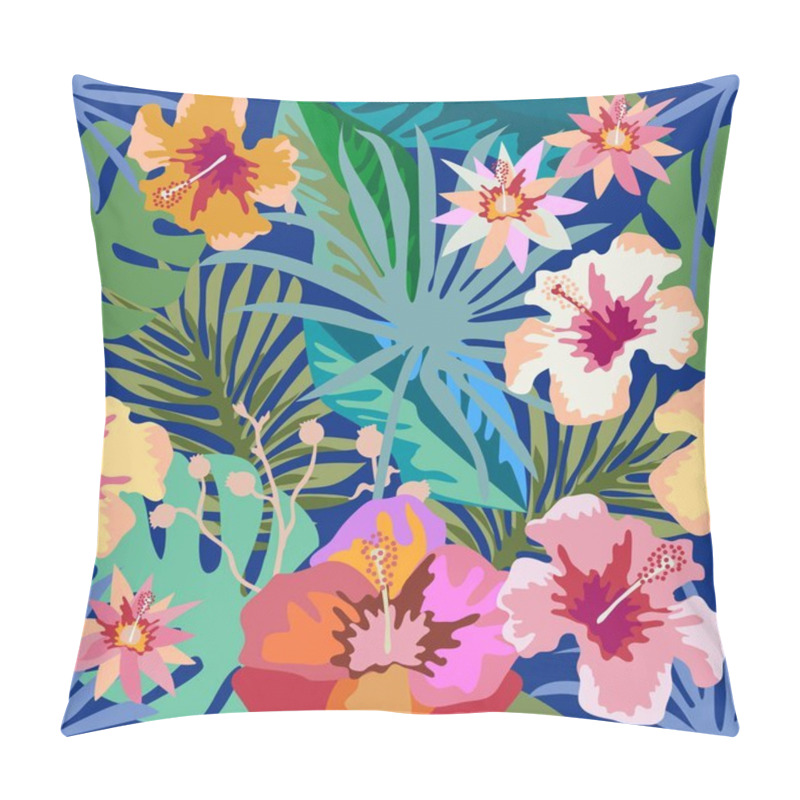 Personality  Dark Tropical Paradise. Seamless Vector Pattern With Palm Leaves And Exotic Flowers.  Pillow Covers