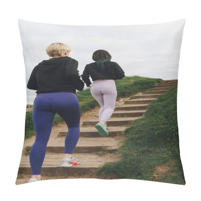 Personality  Back View Of Athletic Joggers Running Up On Stairs, Etretat, Normandy, France   Pillow Covers