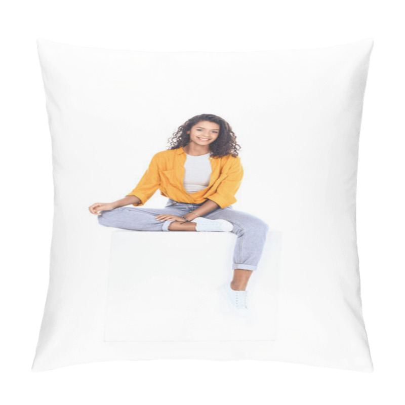 Personality  Teenage African American Student Girl Sitting On White Cube And Looking At Camera Isolated On White Pillow Covers