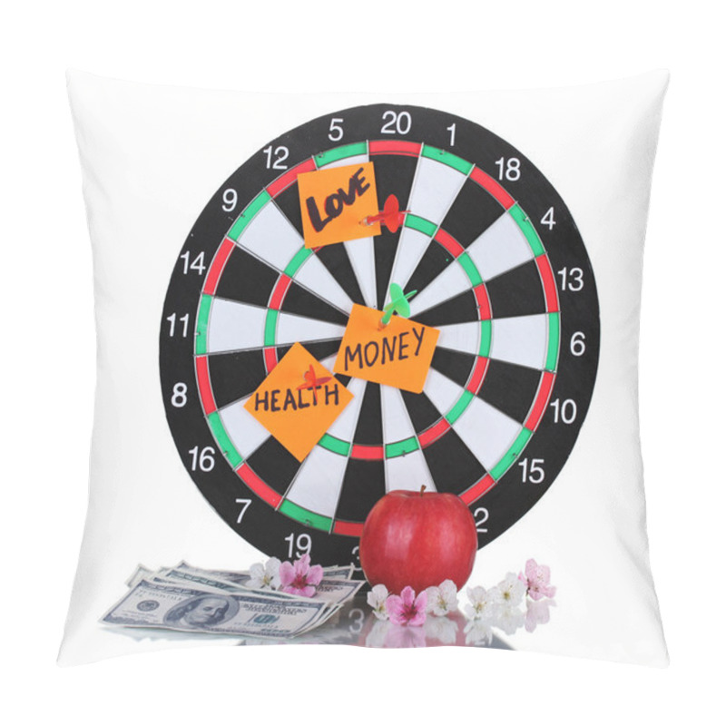 Personality  Darts With A Stickers Symbolizing Love, Health And Money Isolated On White Pillow Covers