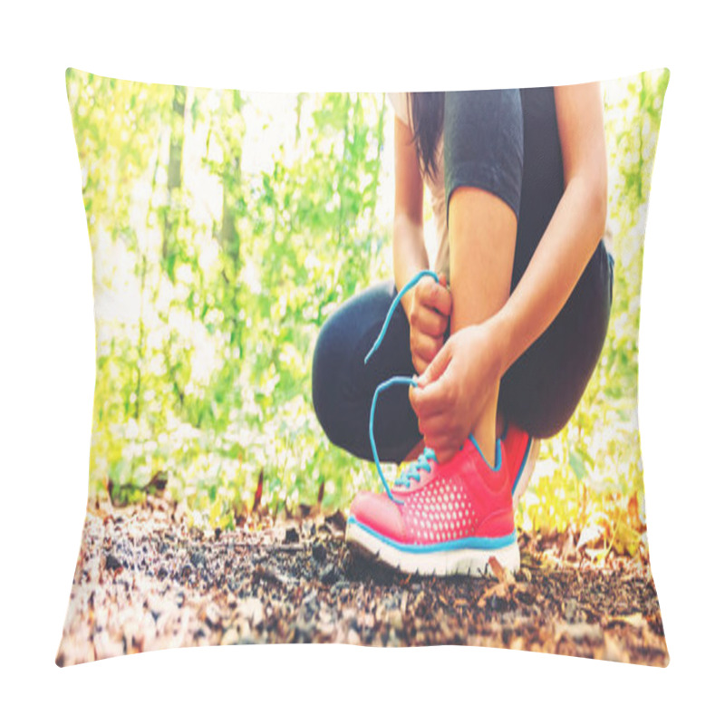 Personality  Female Jogger Tying Her Shoes In The Woods Pillow Covers