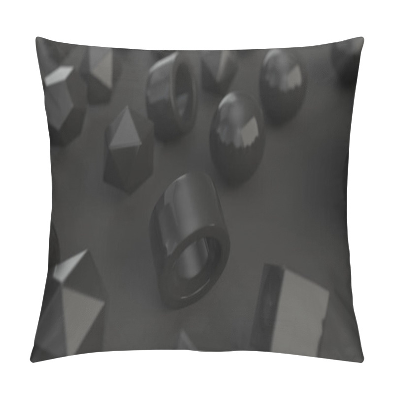 Personality  Pattern From Black Primitives On Black Surface. Abstract Geometric Background. 3D Rendering Illustration Pillow Covers