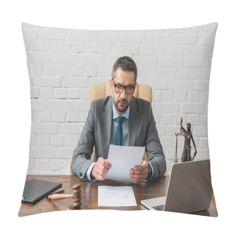 Personality  Serious Male Judge Working With Papers In Office  Pillow Covers