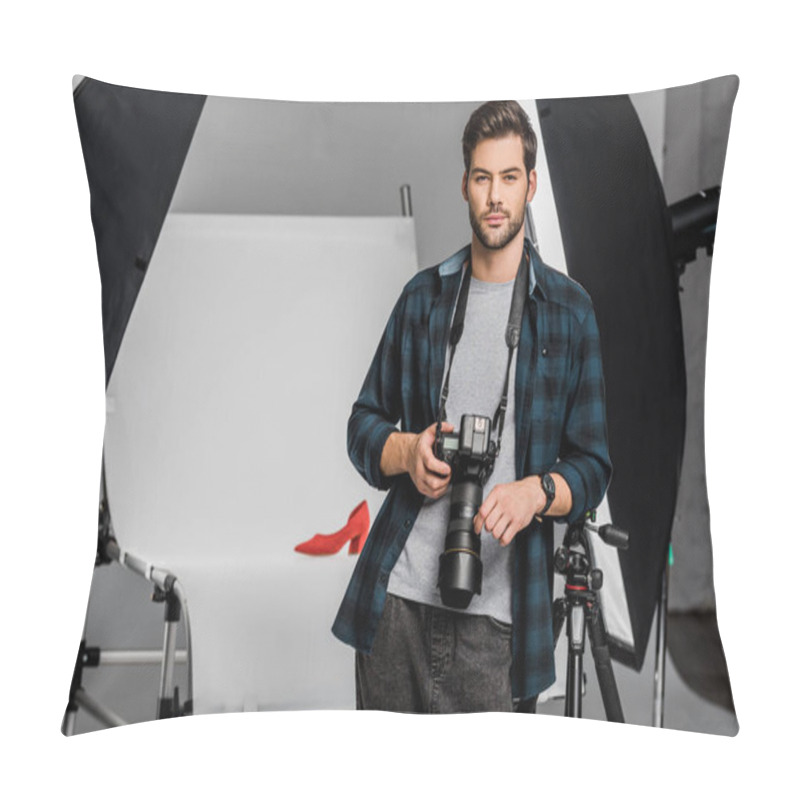 Personality  Handsome Professional Young Photographer Looking At Camera In Studio  Pillow Covers