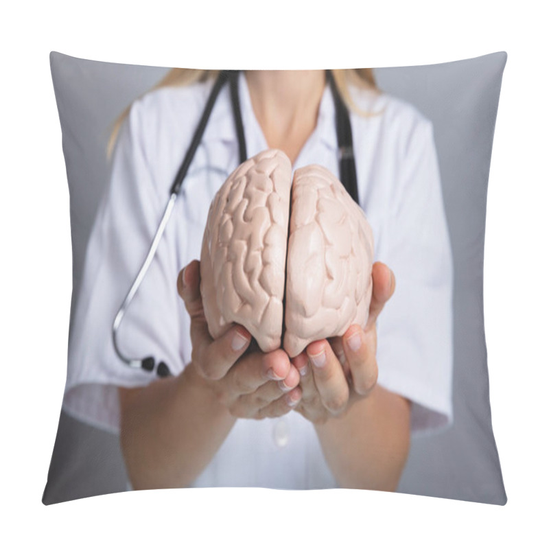 Personality  Close-up Of A Doctor's Hand Holding Human Brain Model Pillow Covers