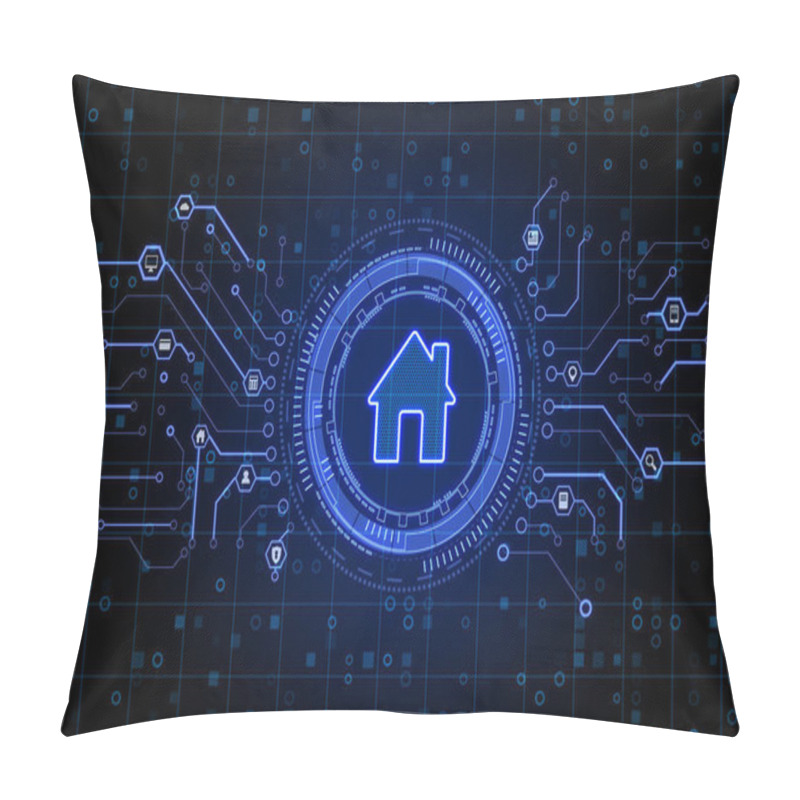 Personality  Smart Home Concept With Glowing Blue Home Symbol In Abstract Technological Circle On Dark Digital Backdrop. 3D Rendering Pillow Covers