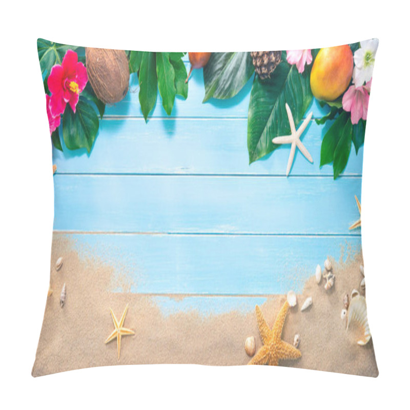 Personality  Summer Holidays Background With Tropical Flowers, Leaves, Exotic Fruits And Seashells On Sand Beach Pillow Covers