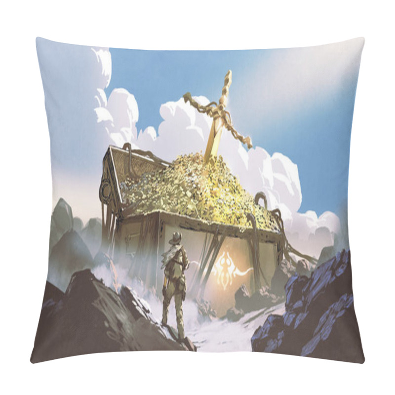 Personality  The Hunter Found A Huge Treasure Chest On The Mountain, Digital Art Style, Illustration Painting Pillow Covers