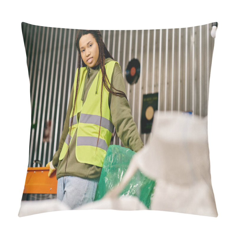 Personality  A Young Volunteer In A Safety Vest Stands Next To A Pile Of Plastic Bags, Sorting Waste To Protect The Environment. Pillow Covers