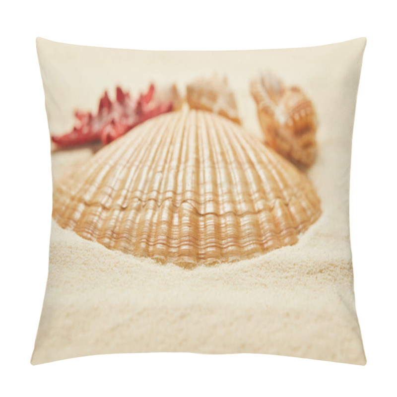 Personality  Selective Focus Of Orange Seashell On Beach In Summertime  Pillow Covers