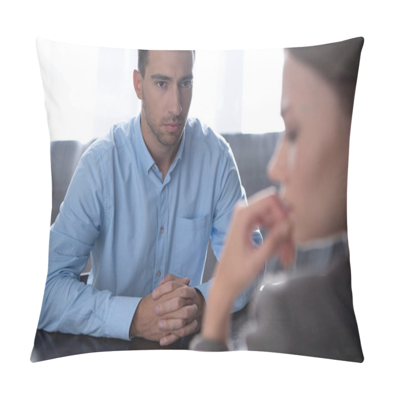 Personality  Selective Focus Of Woman And Serious Man With Clenched Hands Pillow Covers