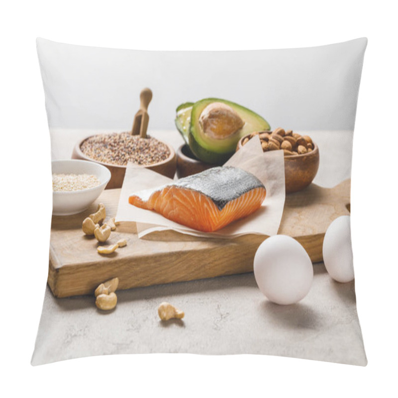 Personality  Fresh Salmon, Nuts, Eggs And Avocado On Wooden Chopping Board Near Oil Isolated On Grey, Ketogenic Diet Menu Pillow Covers