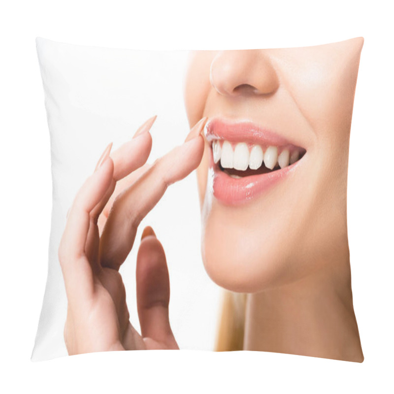 Personality  Partial View Of Woman With White Teeth Isolated On White Pillow Covers