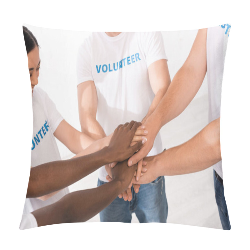 Personality  Selective Focus Of Multiethnic Volunteers In White T-shirts Holding Hands In Charity Center  Pillow Covers