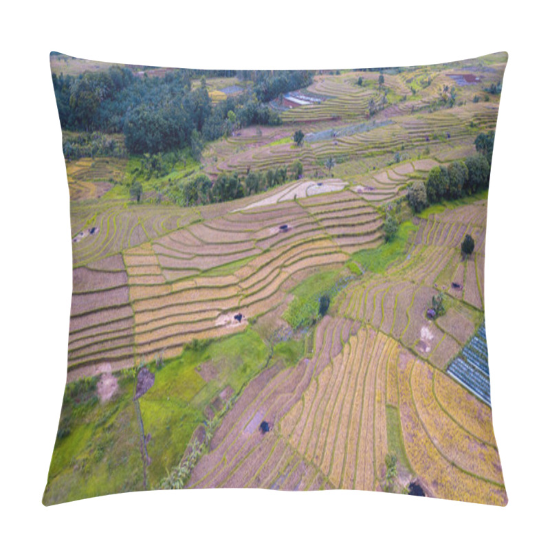 Personality  Panoramic Aerial Photo Of The Morning Nature Of Indonesia, The Agricultural Sector Of Rice Fields After Harvesting Pillow Covers