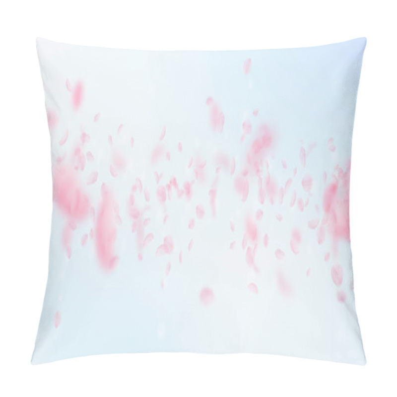 Personality  Sakura Petals Falling Down. Romantic Pink Flowers Falling Rain. Flying Petals On Blue Sky Wide Backg Pillow Covers