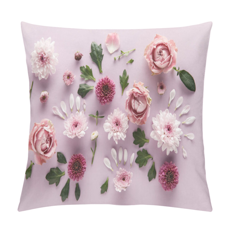 Personality  Top View Of Blooming Spring Chrysanthemums And Roses With Leaves And Petals On Violet Background Pillow Covers