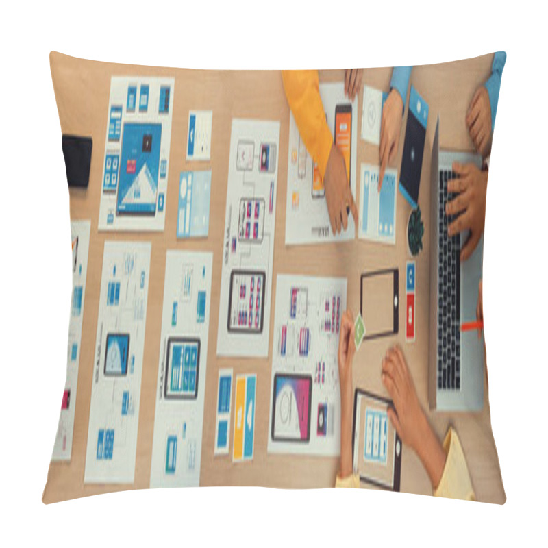 Personality  Top View Panorama Banner Of Startup Company Employee Planning On User Interface Prototype For Mobile Application Or Website In Office. UX UI Designer Brainstorm User Friendly Interface Plan. Synergic Pillow Covers