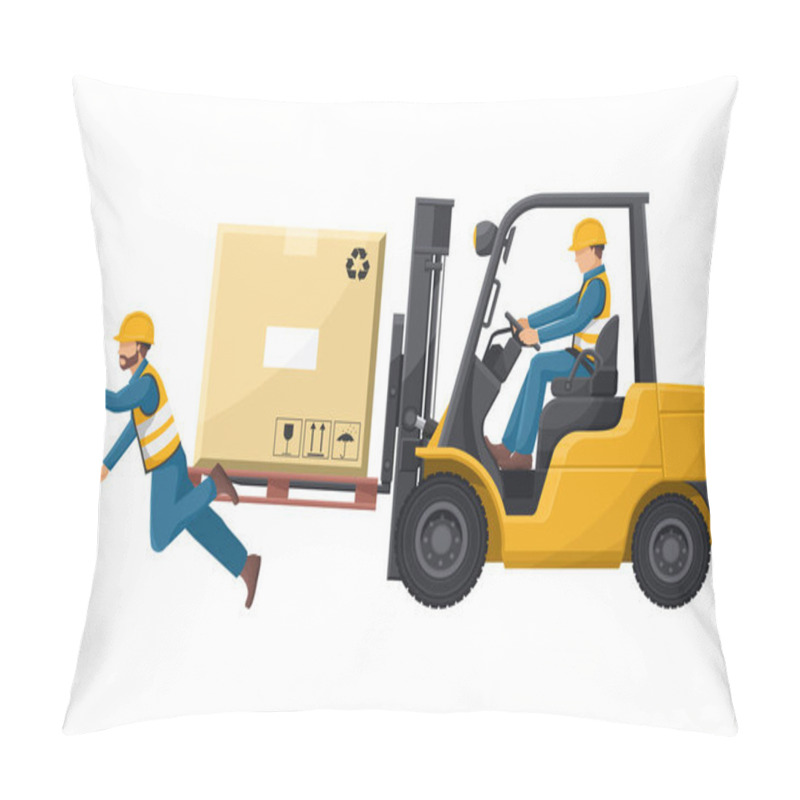 Personality  Industrial Worker Driving A Forklift In An Accident To A Worker. Danger And Caution Sign For Forklift Traffic. Work Accident In A Warehouse. Security First. Industrial Safety And Occupational Health Pillow Covers