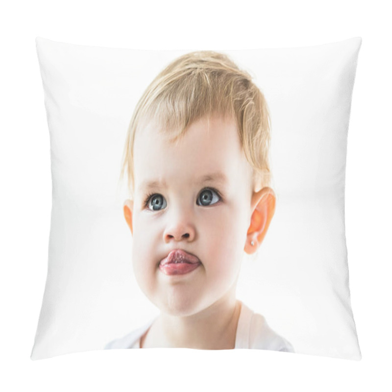 Personality  Adorable Child With Blonde Hair Showing Tongue Isolated On White Pillow Covers