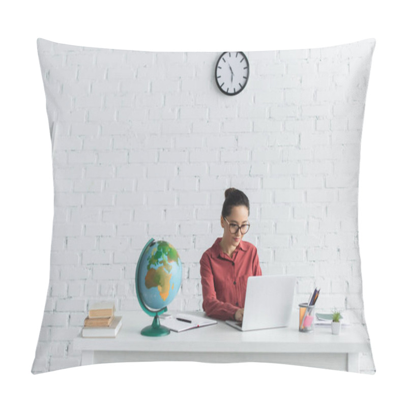 Personality  Young Teacher In Eyeglasses Using Laptop While Working From Home Pillow Covers