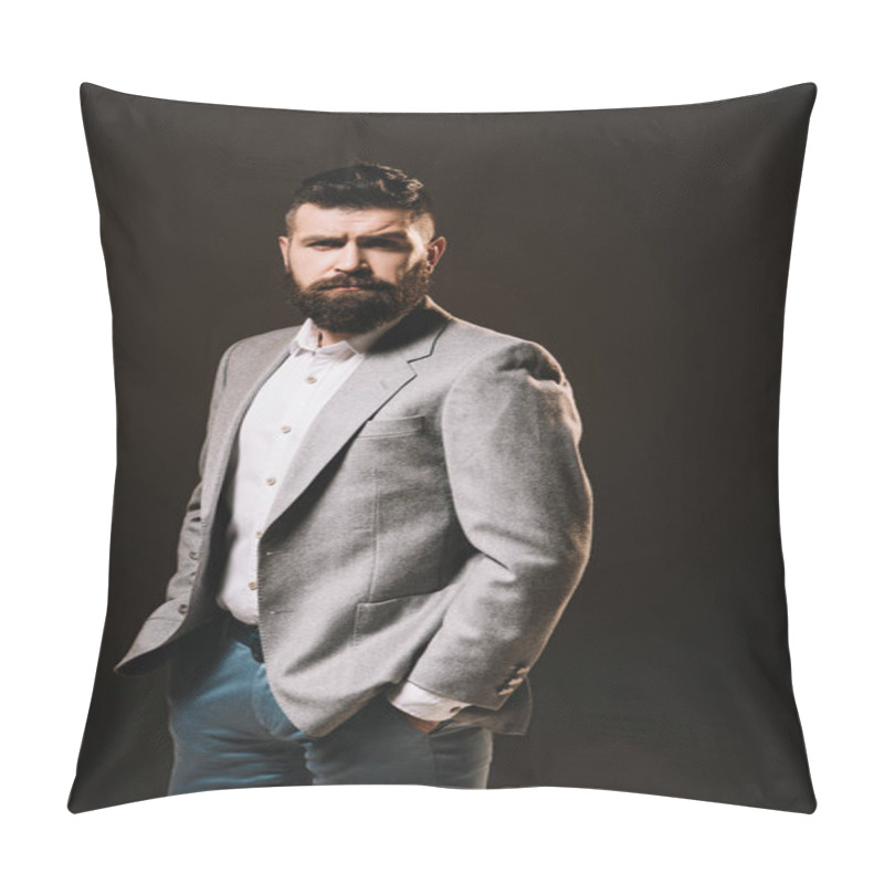 Personality  Handsome Beard Businessman Posing In Formal Wear Isolated On Brown Pillow Covers