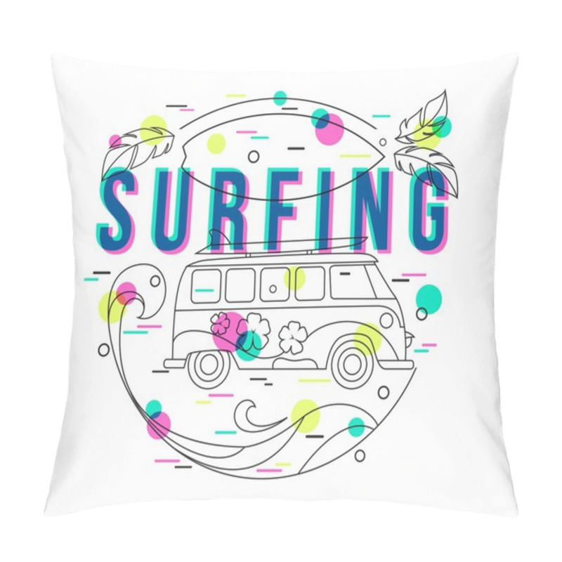 Personality  Summer Surfing Background With Mini Van And Wave. Surfing Label Design For Poster, Banner, Flyer. Hipster Bus. Surfer Bus. Flat Style, Thin Line Art Design. Pillow Covers