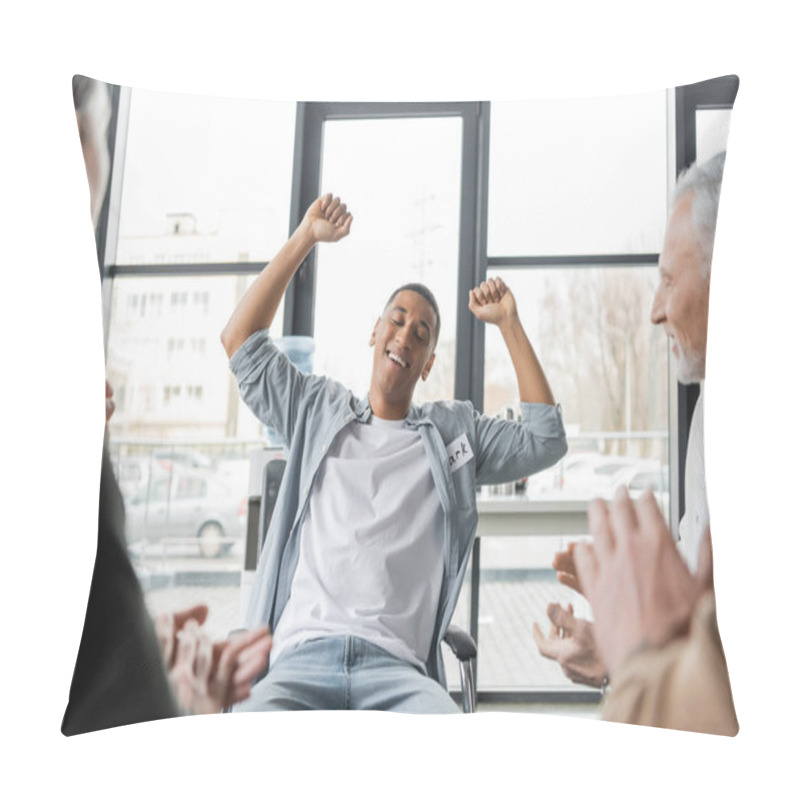 Personality  Excited African American Man With Alcohol Addiction Showing Yes Gesture During Group Therapy Session Pillow Covers