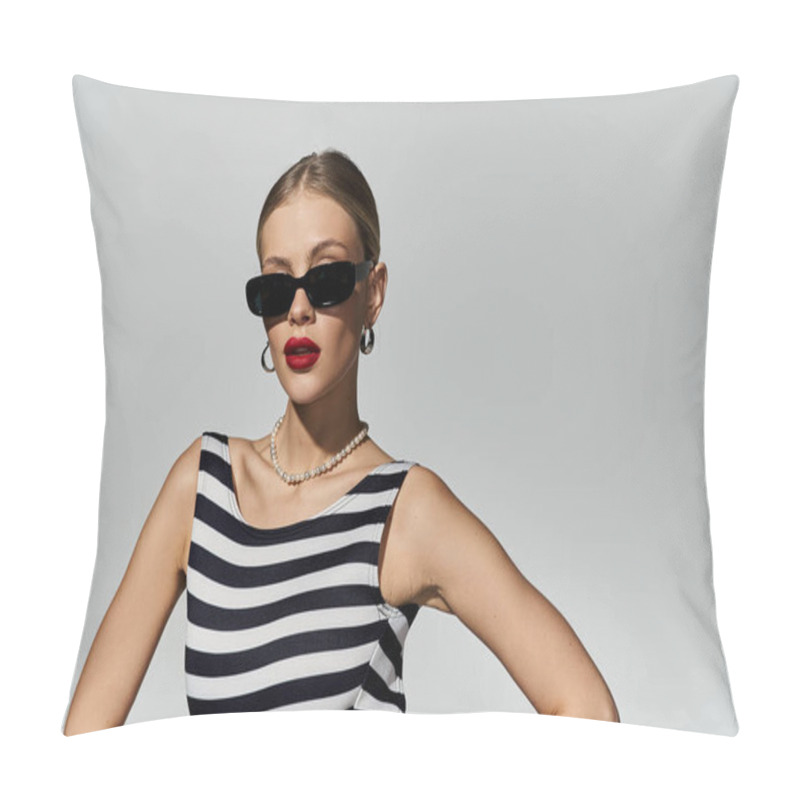 Personality  A Fashionable Woman With Blonde Hair Gracefully Poses In A Black And White Striped Swimsuit. Pillow Covers