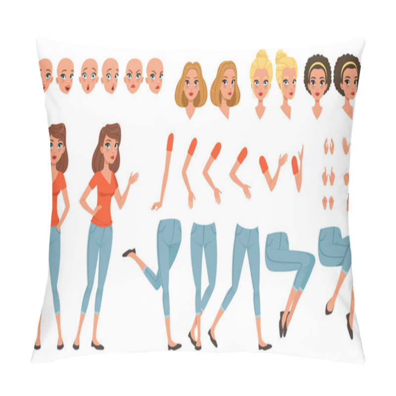 Personality  Young Woman Character Creation Set, Girl With Various Views, Faces, Hairstyles, Poses And Gestures Cartoon Vector Illustrations Pillow Covers