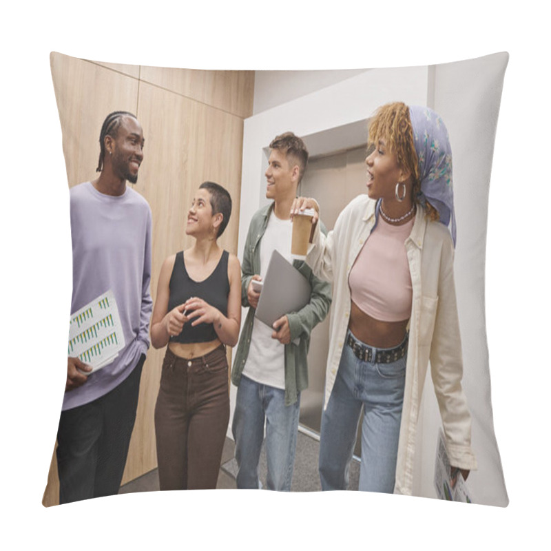 Personality  Cultural Diversity, Positive Interracial Men And Women Walking Together In Modern Coworking, Startup Pillow Covers