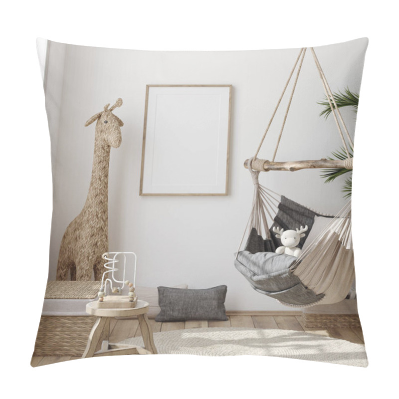 Personality  Mock Up Frame In Children Room With Natural Wooden Furniture, Farmhouse Style Interior Background, 3D Render Pillow Covers