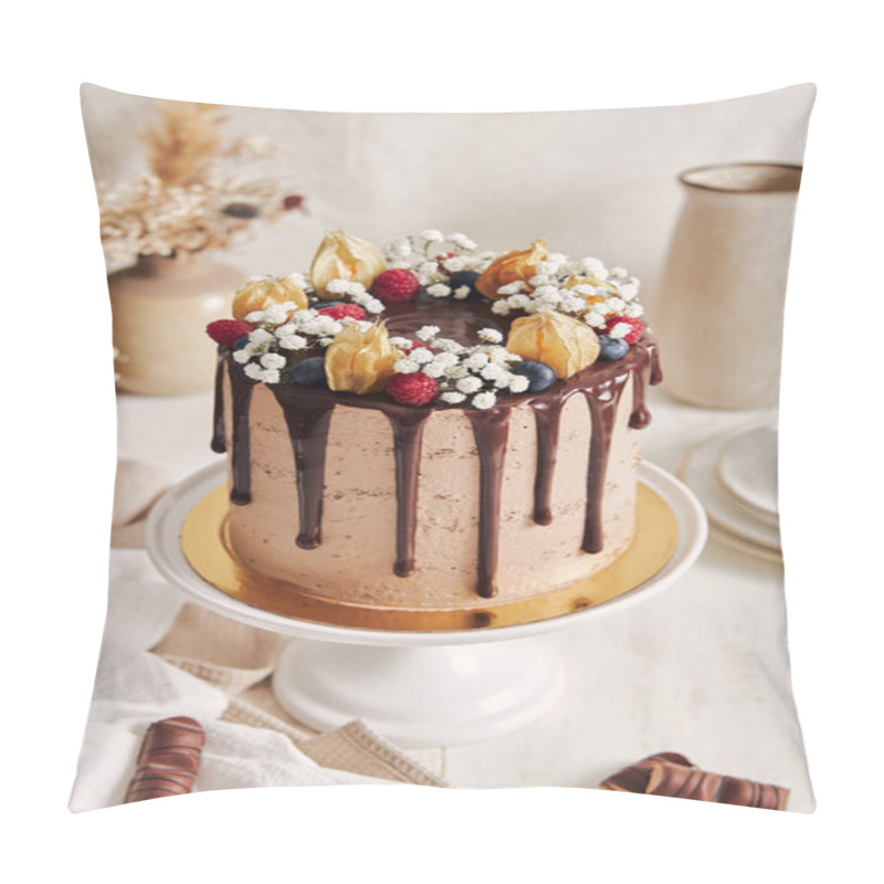 Personality  A High Angle Shot Of Lovely Brown Cake Dripping With Chocolate And Berry Topping On A White Stand Pillow Covers