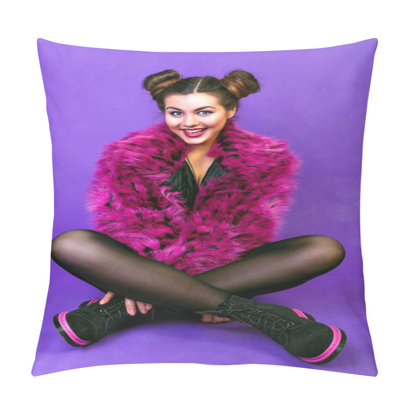 Personality  Indoor Fashion Portrait Of Stylish Young Woman  Wearing Trendy Hot Pink Fake Fur Coat And Round Sunglasses, Eighties Style.  Pillow Covers