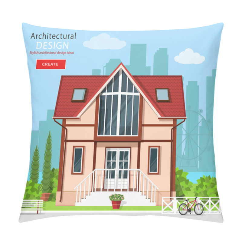 Personality  Cute Modern Private House Facade Design With Trees And City Skyline Background. Stylish Detailed Building Exterior. Front View. Flat Style Vector Illustration.  Pillow Covers