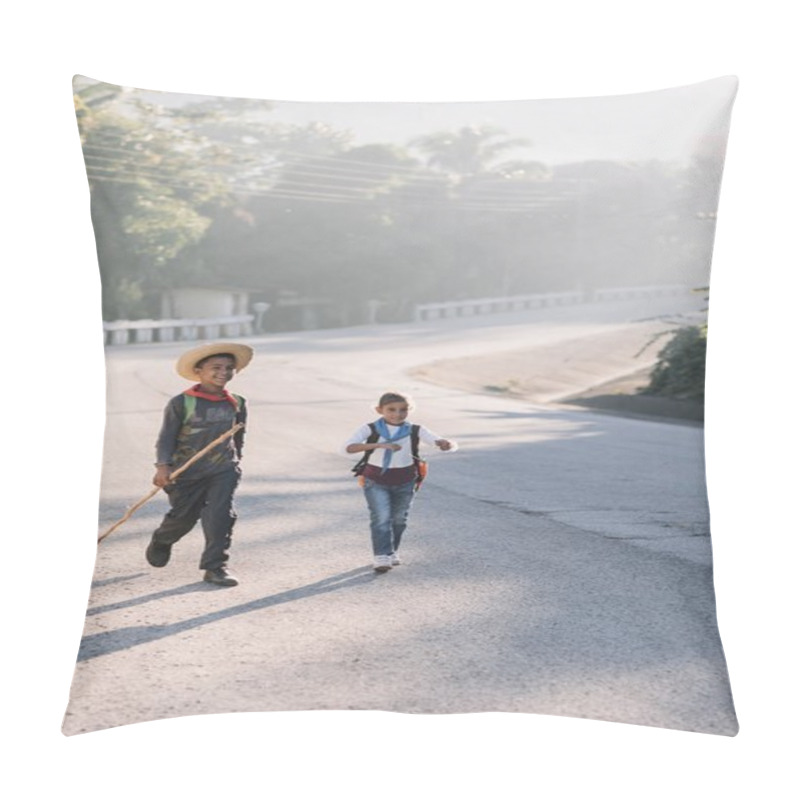 Personality  Granma, Cuba - January 20, 2017: Smiling Schoolboys Walking Down Road Pillow Covers