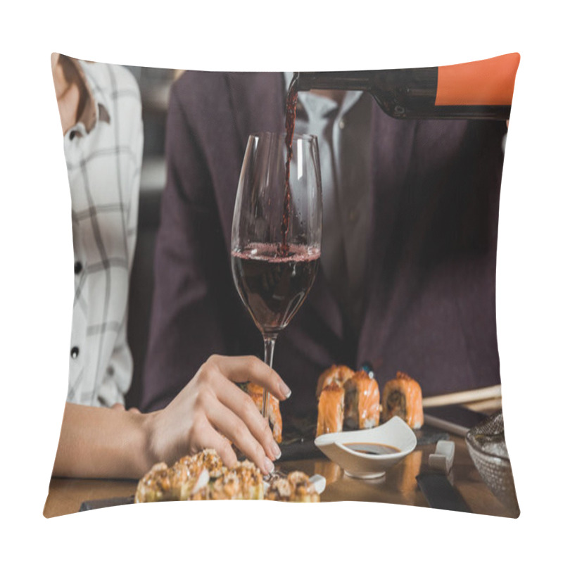 Personality  Cropped View Of Man Pouring Red Wine In Glass In Restaurant Pillow Covers