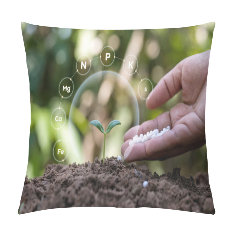 Personality  Plants Growing On Soil With Concept Of Plant Fertilizers, Plant Nutrients And Necessary Factors For Plant Growth And Development Process. Pillow Covers