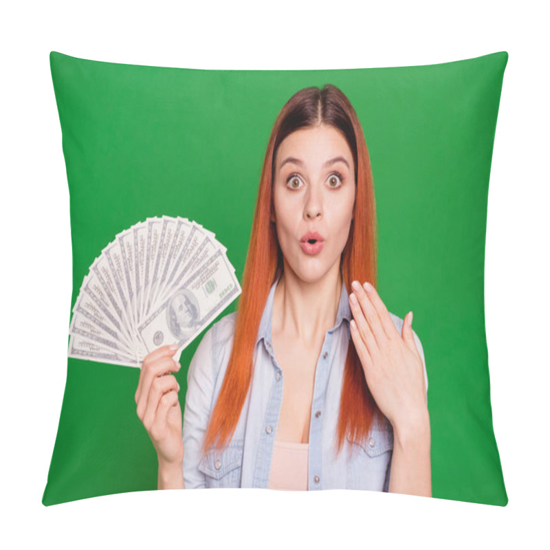 Personality  Close Up Photo Of Astonished Funky Cute Charming Youth Hold Hand  Wonder Incredible Money Salary Wave Palm Wear Modern Denim Clothing Red Long Straight-haired Isolated On Green Background Pillow Covers