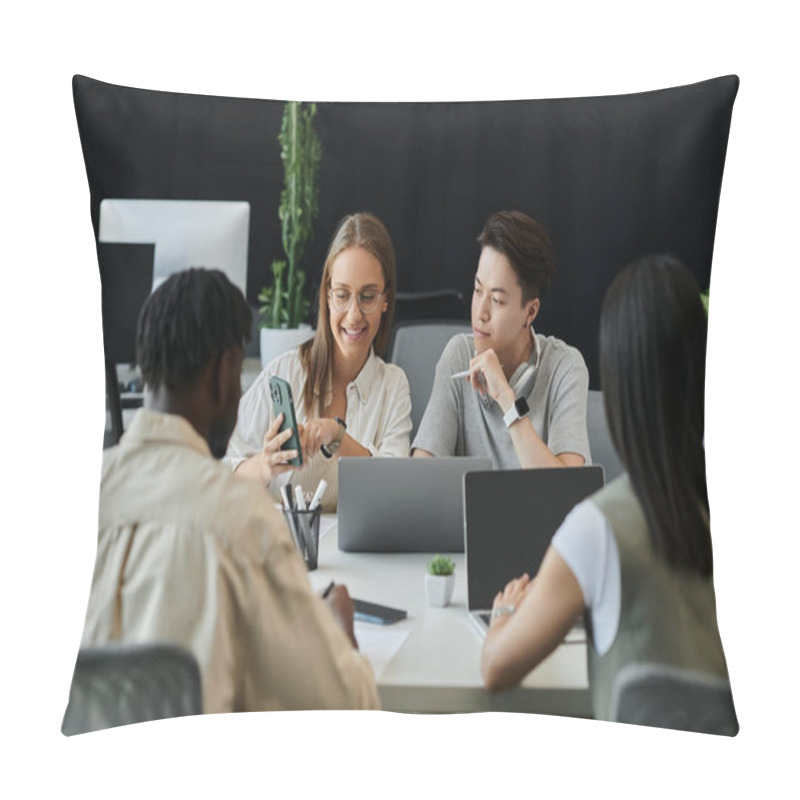 Personality  A Diverse Team Of Young Professionals Collaborates On A Project, Focused On A Smartphone. Pillow Covers