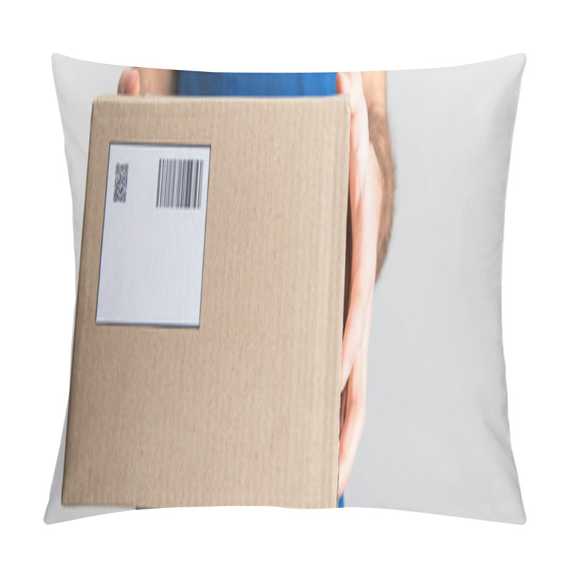 Personality  Cropped View Of Delivery Man Holding Cardboard Box With Qr Code And Barcode Isolated On Grey, Panoramic Shot Pillow Covers