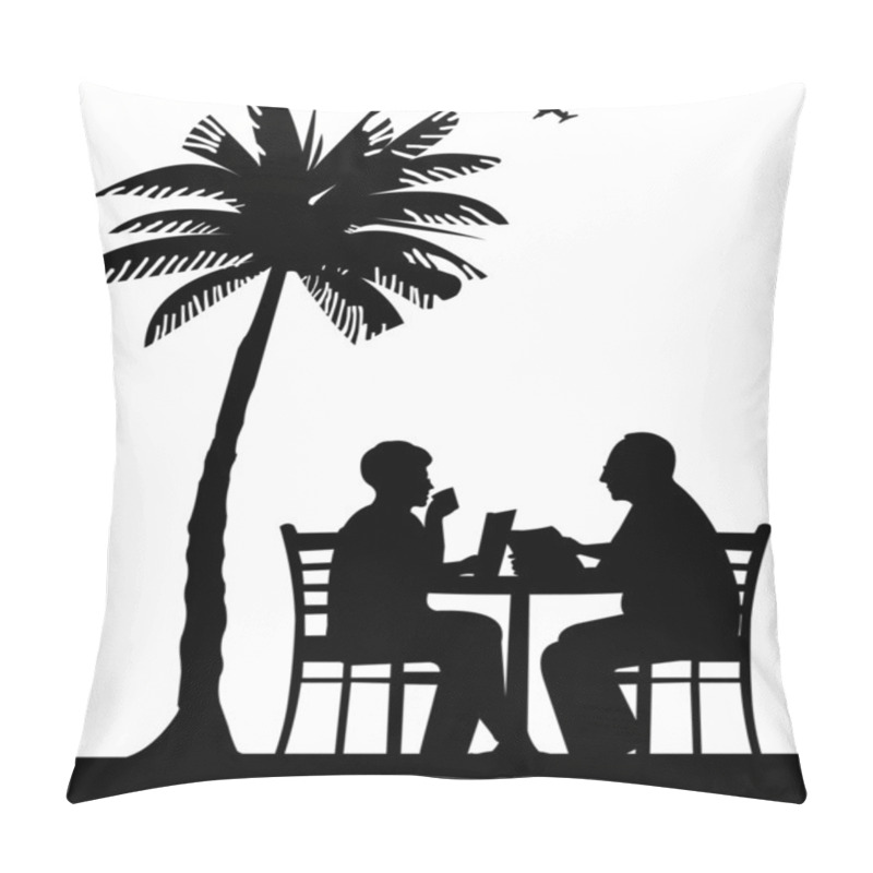 Personality  Lovely Retired Elderly Couple Drinking Coffee And Reading A Newspaper On The Beach Under Palm Tree Pillow Covers