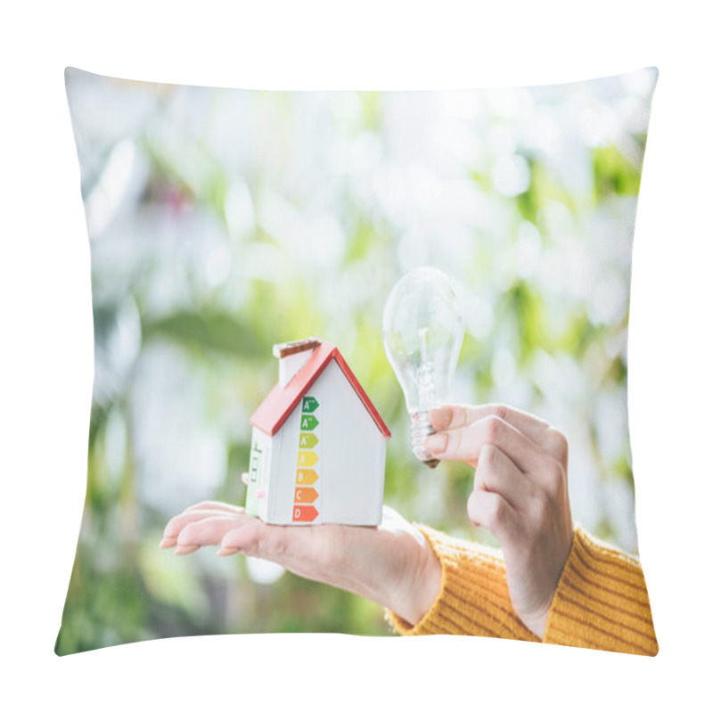 Personality  Cropped View Of Woman Holding Led Lamp And Carton House, Energy Efficiency At Home Concept Pillow Covers