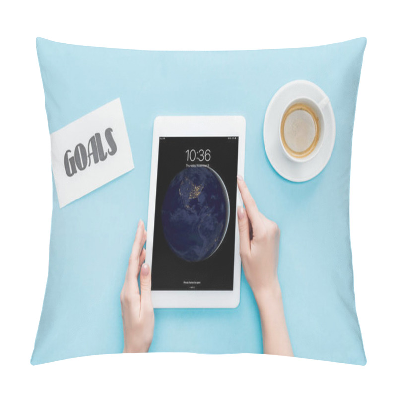 Personality  Cropped View Of Female Using Digital Tablet With Apple Home Screen, Goals Lettering On Card And Coffee On Blue Background Pillow Covers