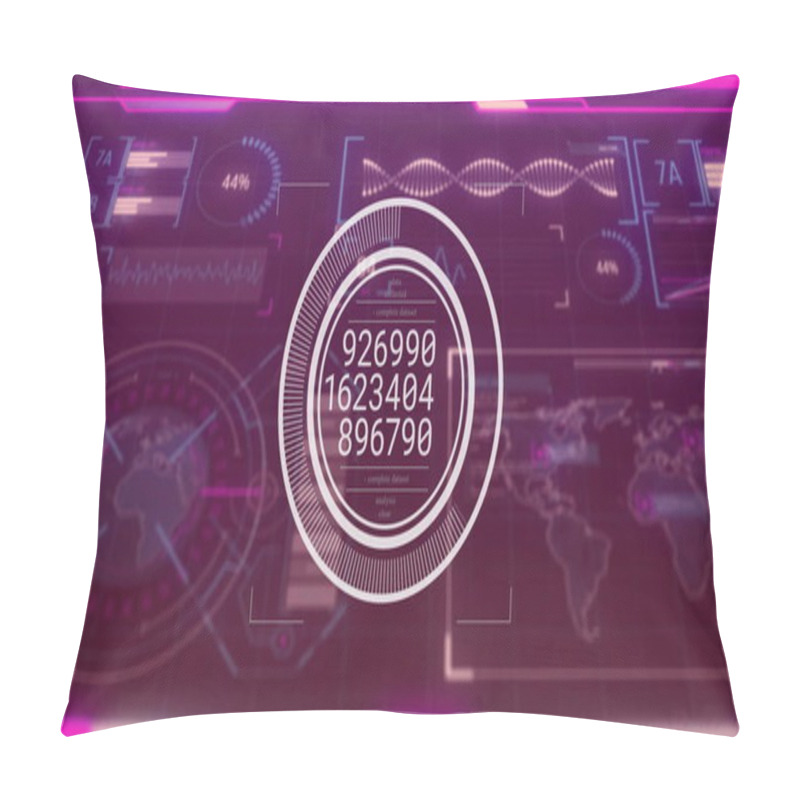 Personality  Digital Data Analysis Image Over Futuristic Interface With Numbers And World Map. Technology, Analytics, Global, Cyber, Visualization, Information Pillow Covers