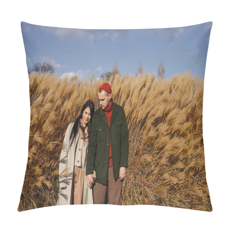 Personality  Wrapped In Warmth And Affection, A Couple Enjoys Their Autumn Stroll Through Tall Golden Grasses. Pillow Covers