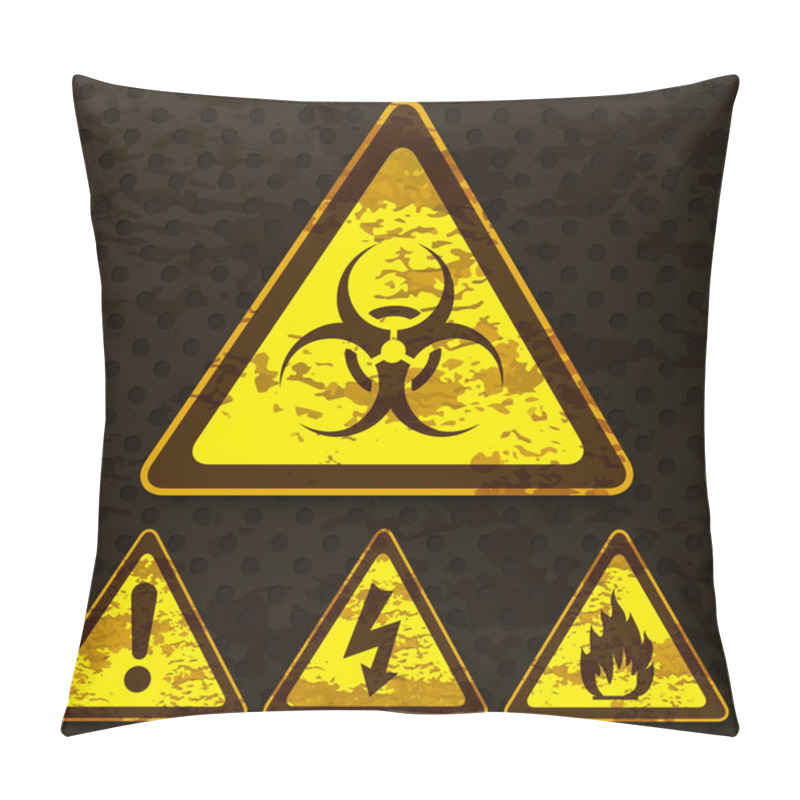 Personality  Set Of Grunge Warning Signs, Isolated On Dark Dotted Background Pillow Covers